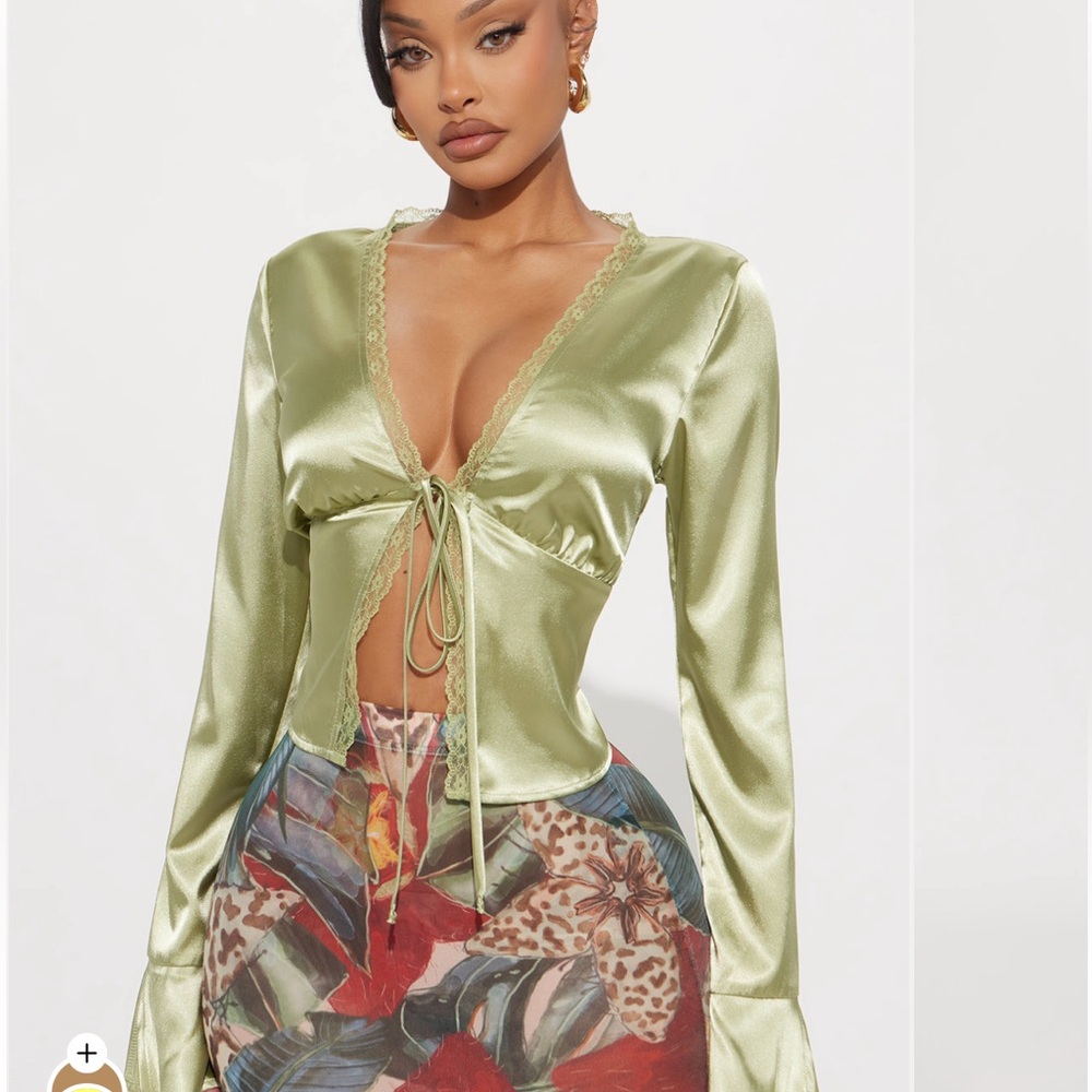 Fashion Nova Satin Lace-Trim Tie-Front Top in Sage Green